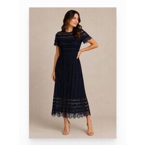 SHO by Tadashi Shoji Dress Womens Small Black Lace Short Sleeve Midi Party